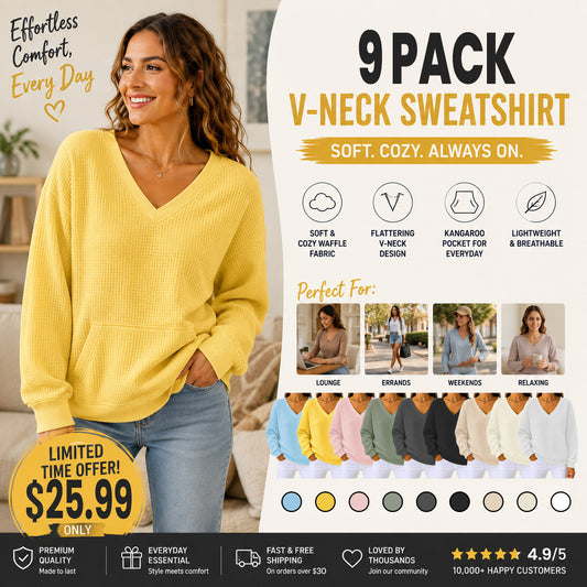 CLEARANCE SALE🔥Women's V‑Neck Waffle Knit Sweatshirt, Loose Long Sleeve Casual Blouse