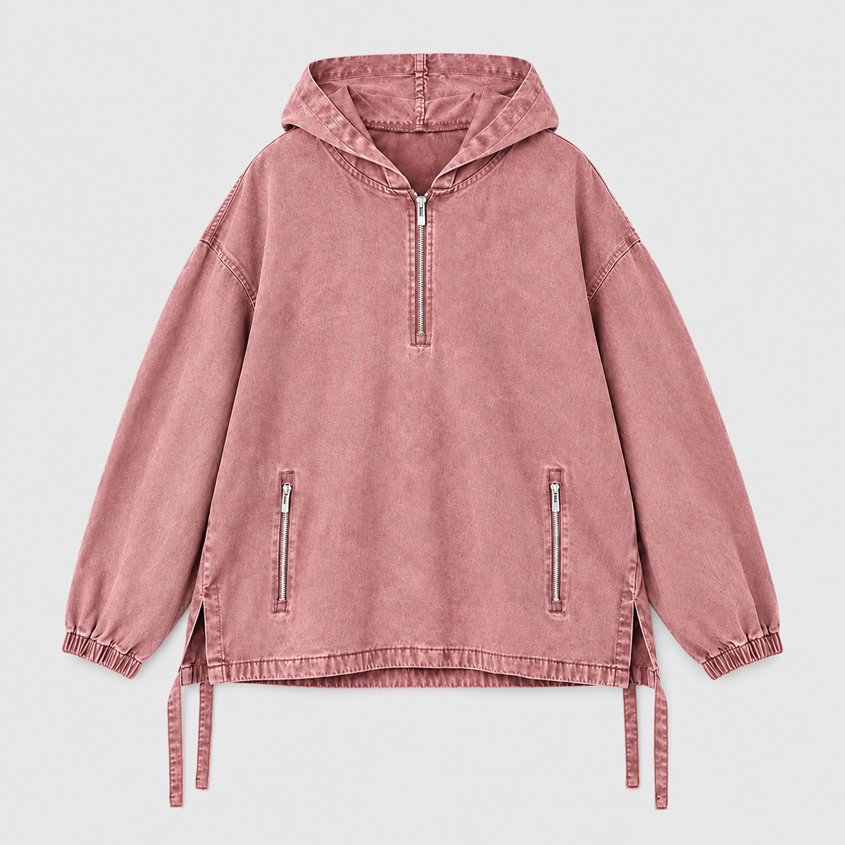 Unisex Cotton Washed Denim Oversized Half Zip Hoodie with Zip Pockets