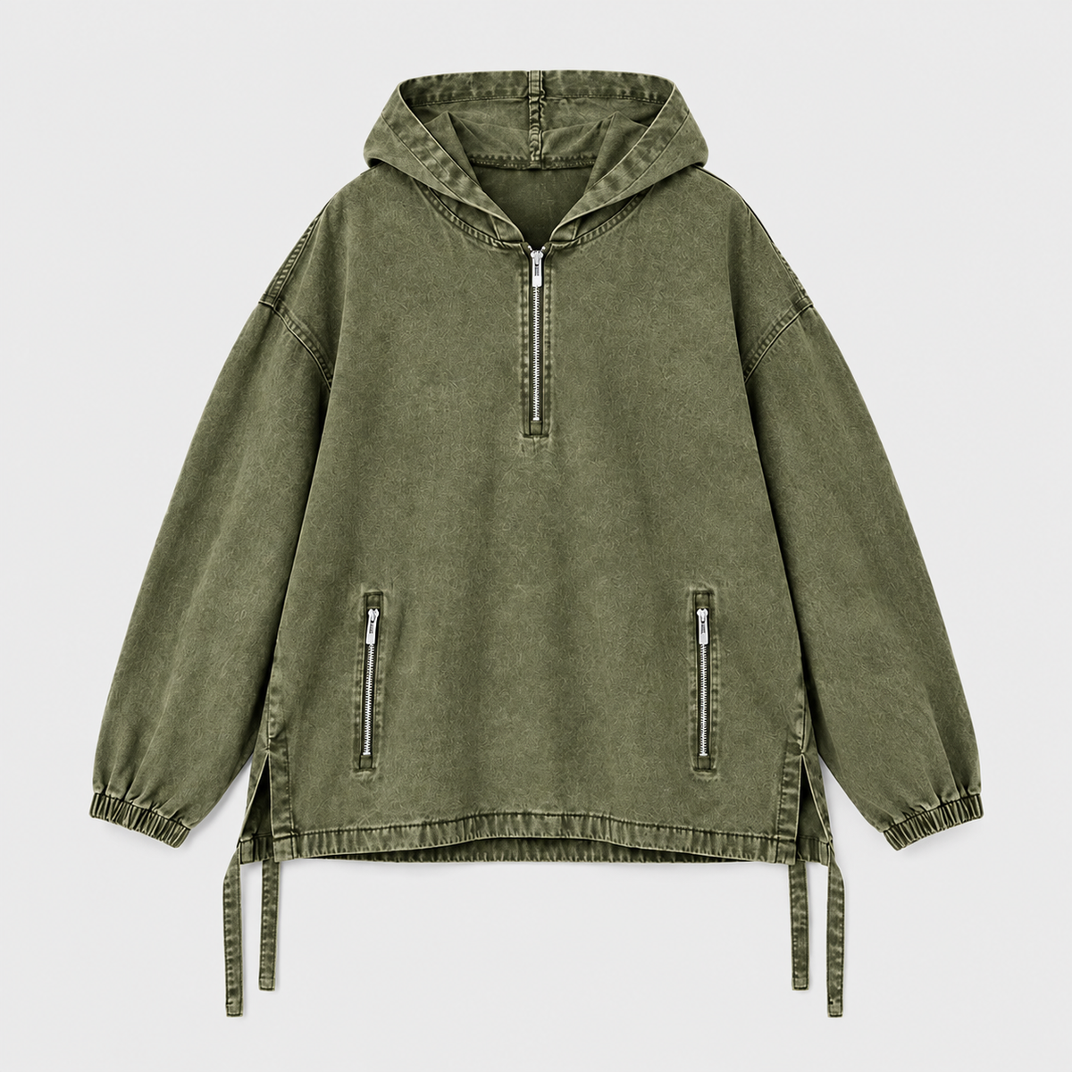 Unisex Cotton Washed Denim Oversized Half Zip Hoodie with Zip Pockets